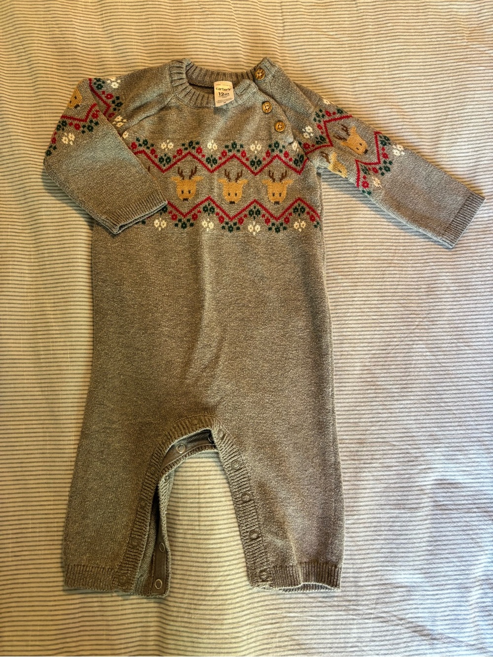 Carter's Gray Fair Isle Deer Knit One-Piece Christmas Sweater Onesie